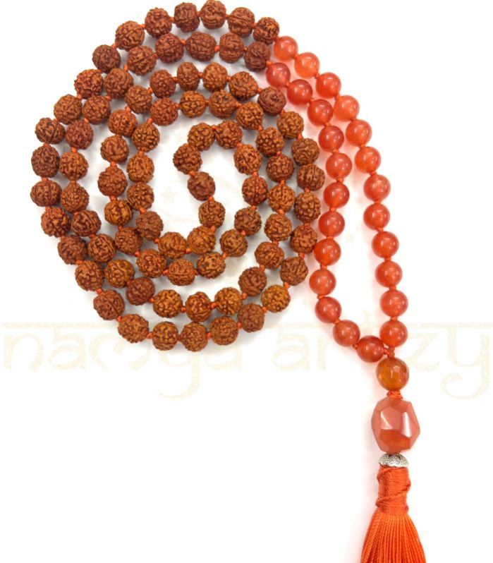 Handmade, Natural 8mm Carnelian &AMP;AMP; Mix Faces Rudraksha Beads Necklace 108 Hand-Knotted Mala