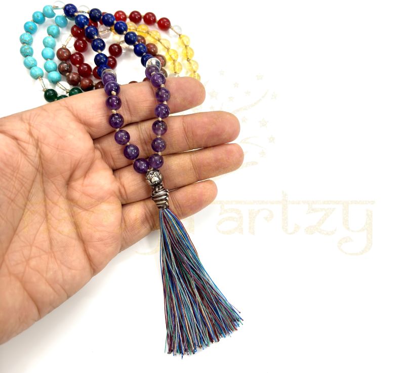 Handmade, Natural 7 Chakra Gemstone 108 Beads Hand-Knotted Japa MalaNecklace