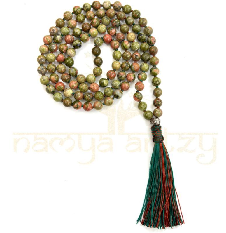 Handmade, Natural Unakite Quartz 108 Beads Hand-Knotted Japa MalaNecklace