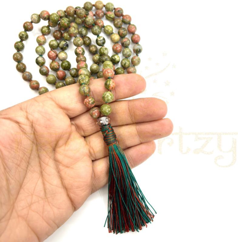 Handmade, Natural Unakite Quartz 108 Beads Hand-Knotted Japa MalaNecklace