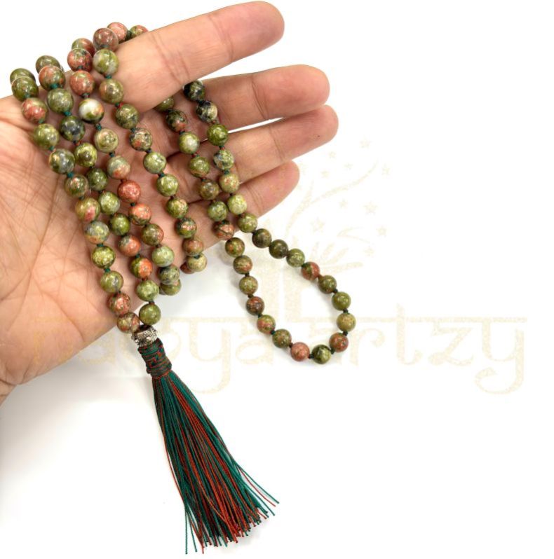 Handmade, Natural Unakite Quartz 108 Beads Hand-Knotted Japa MalaNecklace