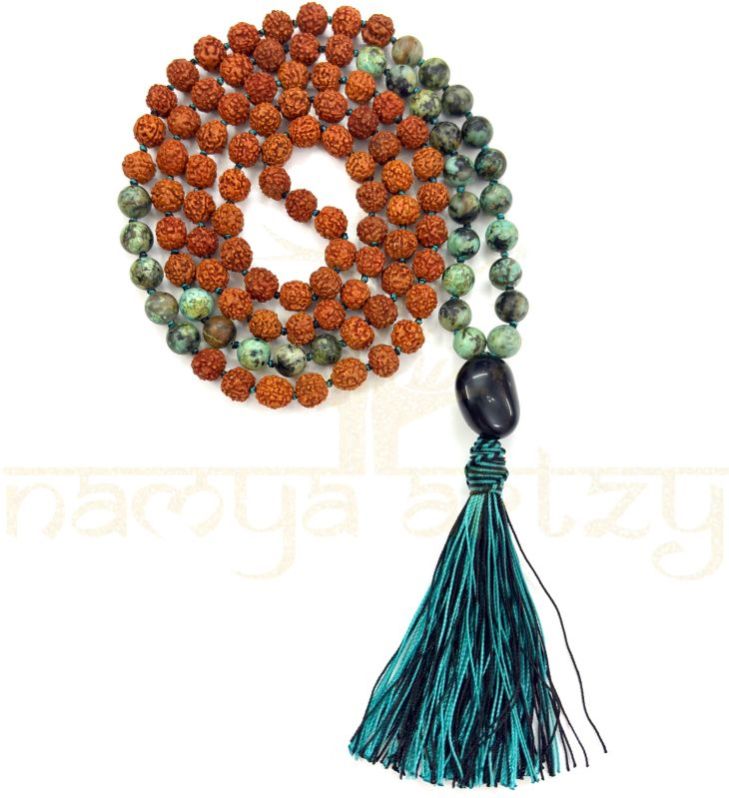 Handmade, Natural 8mm African Turquoise &AMP;AMP; Mix Faces Rudraksha Beads Necklace 108 Hand-Knotted Mala