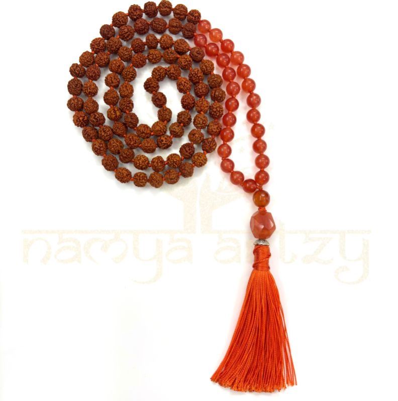 Handmade, Natural 8mm Carnelian &AMP;AMP; Mix Faces Rudraksha Beads Necklace 108 Hand-Knotted Mala