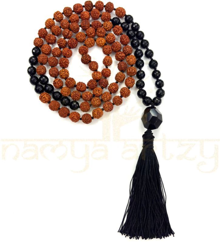 Handmade, Natural 8mm Faceted Black Onyx &AMP;AMP; Mix Faces Rudraksha Beads Necklace 108 Hand-Knotted Mala