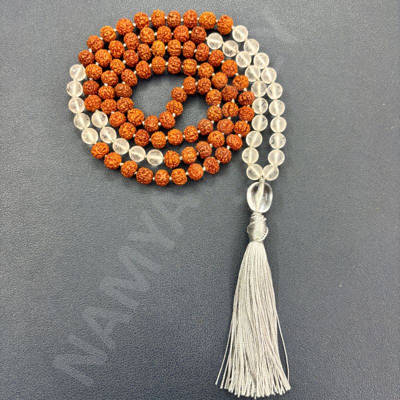 Handmade, Natural 8mm Om Imprint & Mix Faces Rudraksha Beads Necklace 108 Hand-Knotted Mala