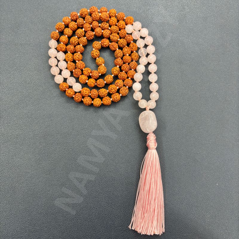 Handmade, Natural 8mm Rose Quartz &AMP;AMP; Mix Faces Rudraksha Beads Necklace 108 Hand-Knotted Mala