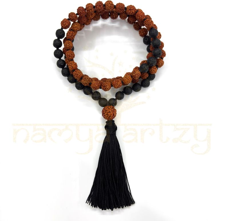 Handmade, Natural 8mm Volcano Lava &AMP;AMP; Mix Faces Rudraksha Beads Necklace 108 Hand-Knotted Mala