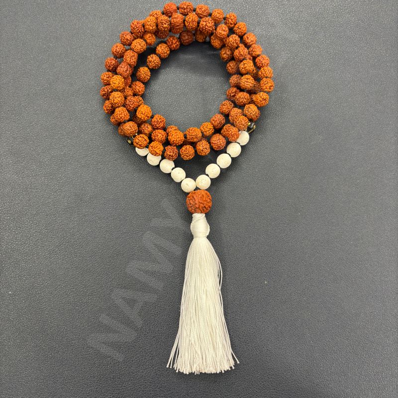 Handmade, Natural 8mm White Lava &AMP;AMP; Mix Faces Rudraksha Beads Necklace 108 Hand-Knotted Mala