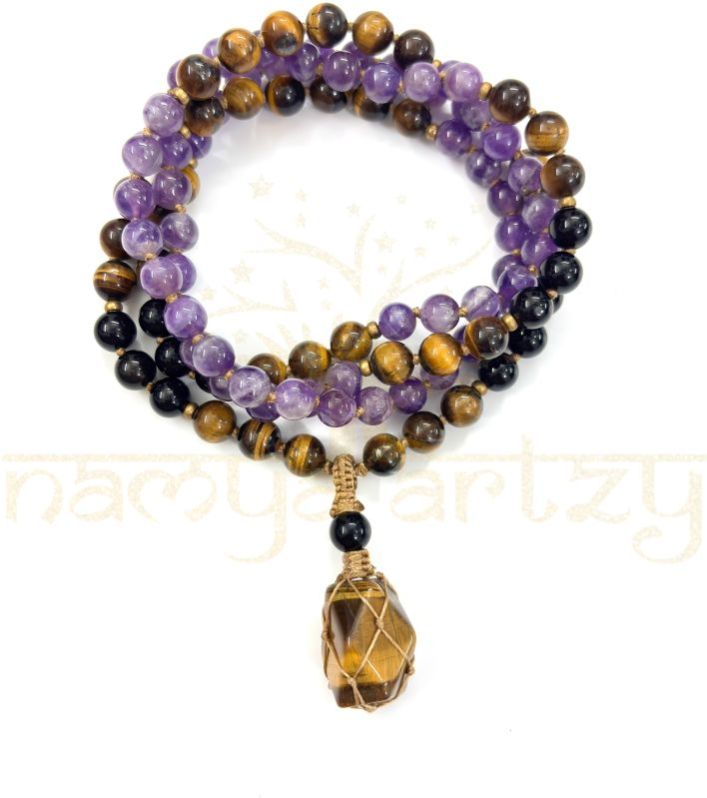 Mix of Amethyst, Tiger Eye, Black Onyx Gemstones 108 Beads Mala/necklace