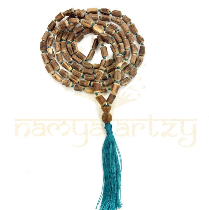 Handmade, Raw &AMP; Natural Tube Shape Tulsi 108 Wood Beads Hand-Knotted Mala/necklace
