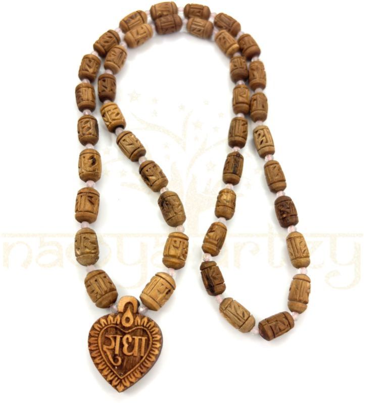 Radha Imprints 54 Tulsi Wood Neck-Bead Mala with Tiny Faceted Rose Quartz Onyx Stones