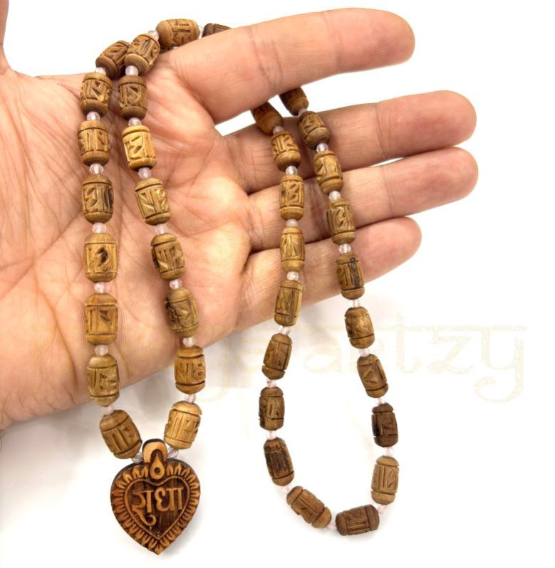 Radha Imprints 54 Tulsi Wood Neck-Bead Mala with Tiny Faceted Rose Quartz Onyx Stones