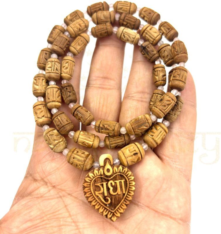 Radha Imprints 54 Tulsi Wood Neck-Bead Mala with Tiny Faceted Rose Quartz Onyx Stones