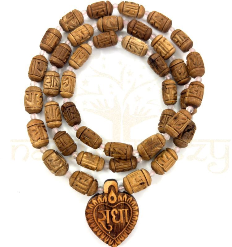 Radha Imprints 54 Tulsi Wood Neck-Bead Mala with Tiny Faceted Rose Quartz Onyx Stones