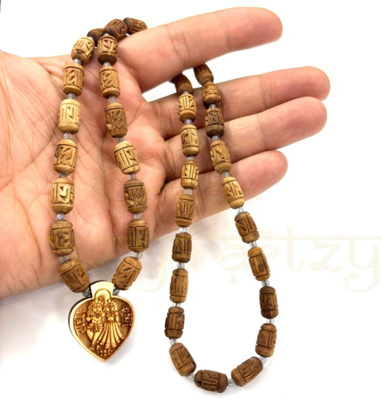 Radha Imprints 54 Tulsi Wood Neck-Bead Mala with Tiny Faceted Labradorite Onyx Gems