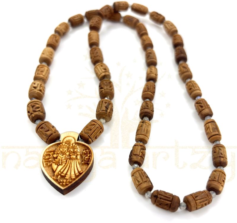 Radha Imprints 54 Tulsi Wood Neck-Bead Mala with Tiny Faceted Labradorite Onyx Gems