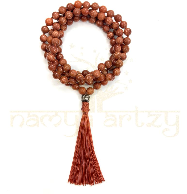 Handmade, Red Sun Stone Mala Beads 108 Knotted Tassel Mala Necklace