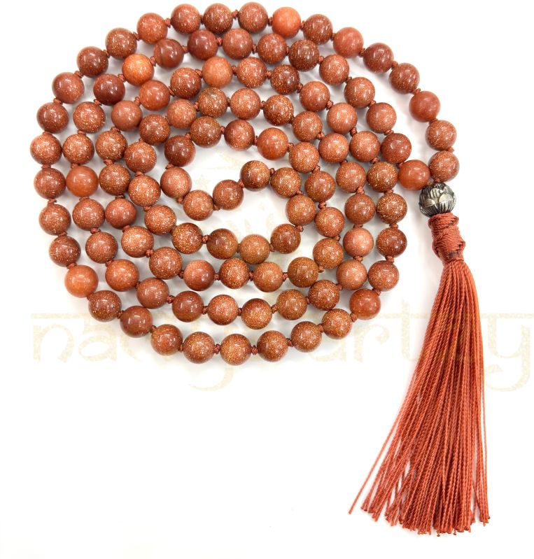 Handmade, Red Sun Stone Mala Beads 108 Knotted Tassel Mala Necklace