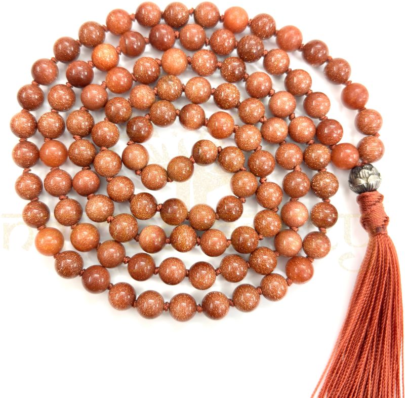 Handmade, Red Sun Stone Mala Beads 108 Knotted Tassel Mala Necklace