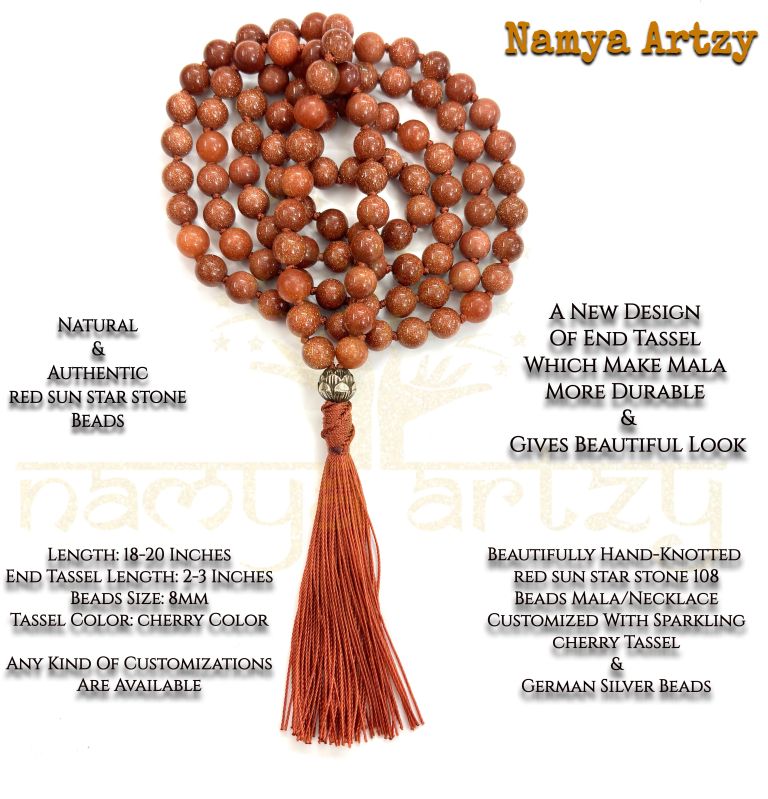 Handmade, Red Sun Stone Mala Beads 108 Knotted Tassel Mala Necklace