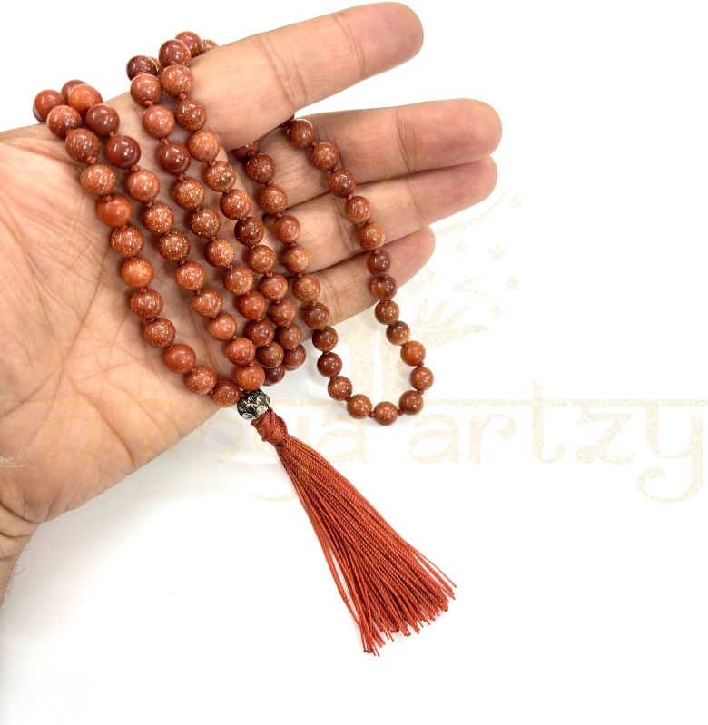 Handmade, Red Sun Stone Mala Beads 108 Knotted Tassel Mala Necklace