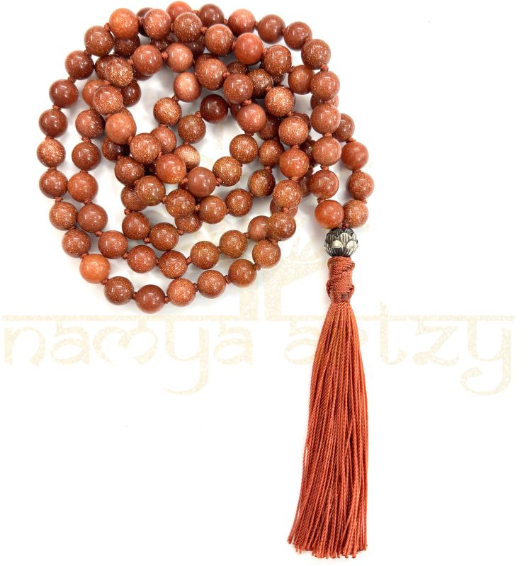 Handmade, Red Sun Stone Mala Beads 108 Knotted Tassel Mala Necklace