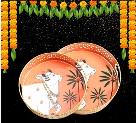 Pichwai Metal Round Tray (Orange) - Set of Two