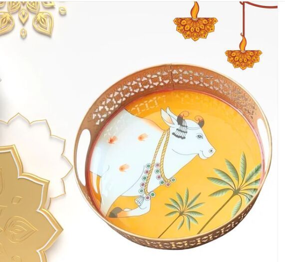 Pichwai Metal Round Tray (Orange) - Set of Two