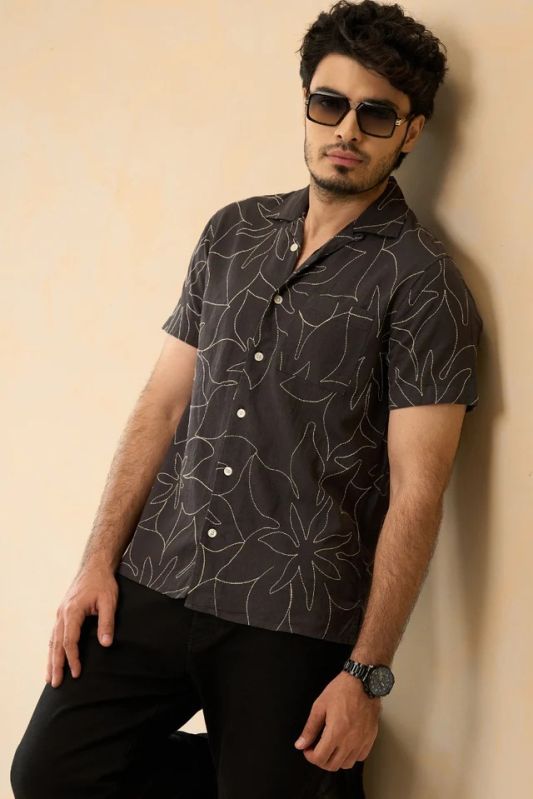 Cuban Collar Brown Embroidery Mens Shirt