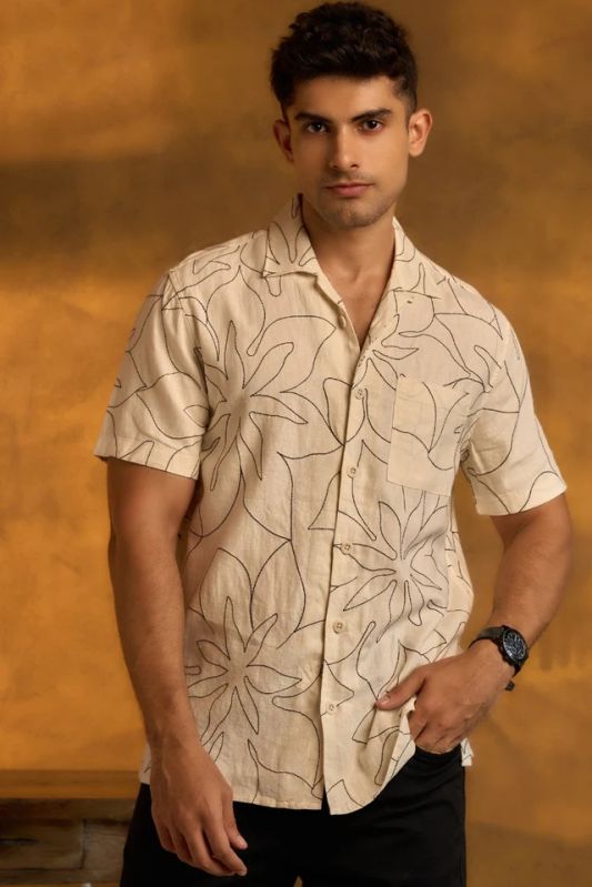 Cuban Collar Ivory Embroidery Mens Shirt