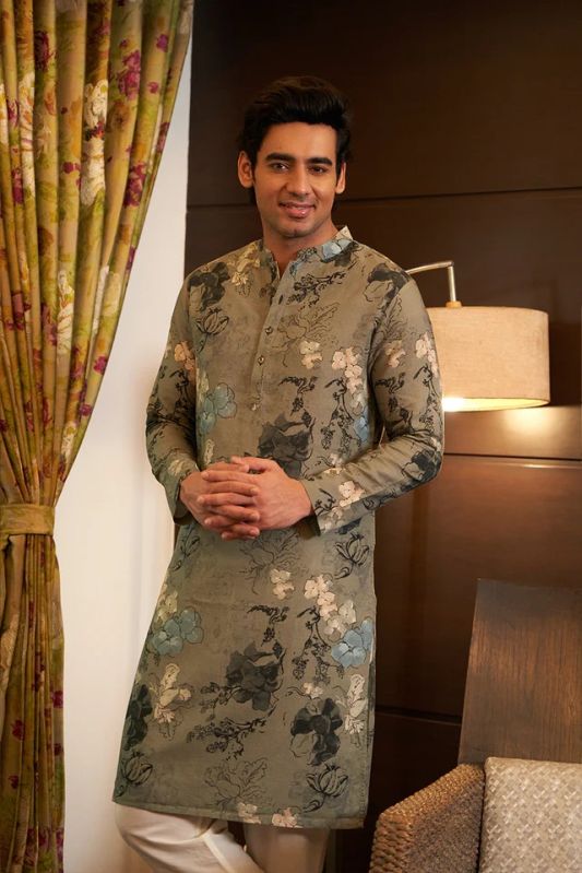 Grey Linen Mens Cotton Printed Kurta Set