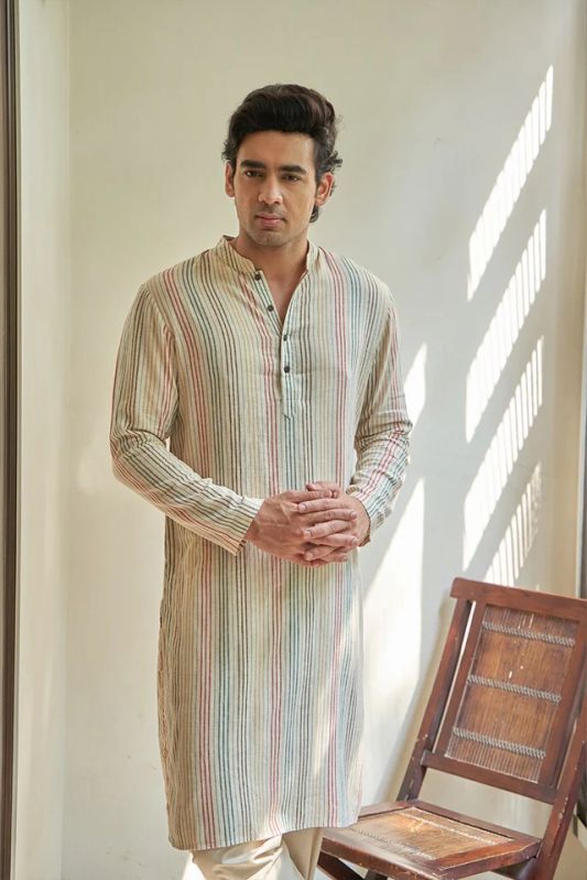 Multi Stripes Linen Mens Cotton Kurta Set