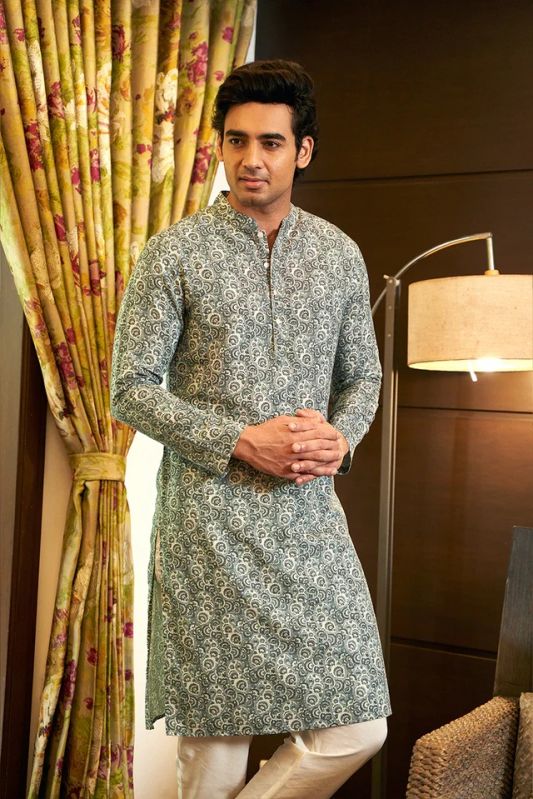 Paisley Linen Cotton Mens Printed Kurta Set