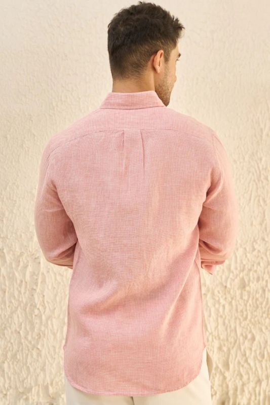 Coral Houndstooth 100% Linen Men Shirt