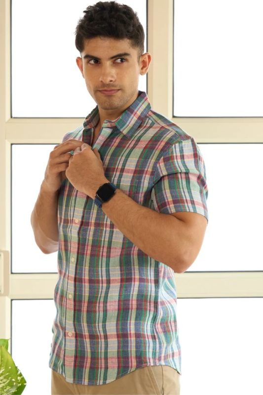 Half Sleeve Linen Checks Mens Shirt