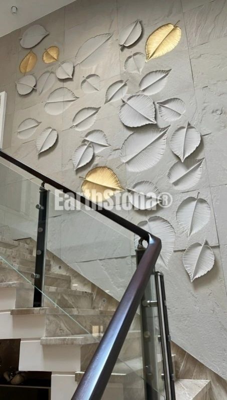Double Height Leaf Pattern Stone Carving Wall Art