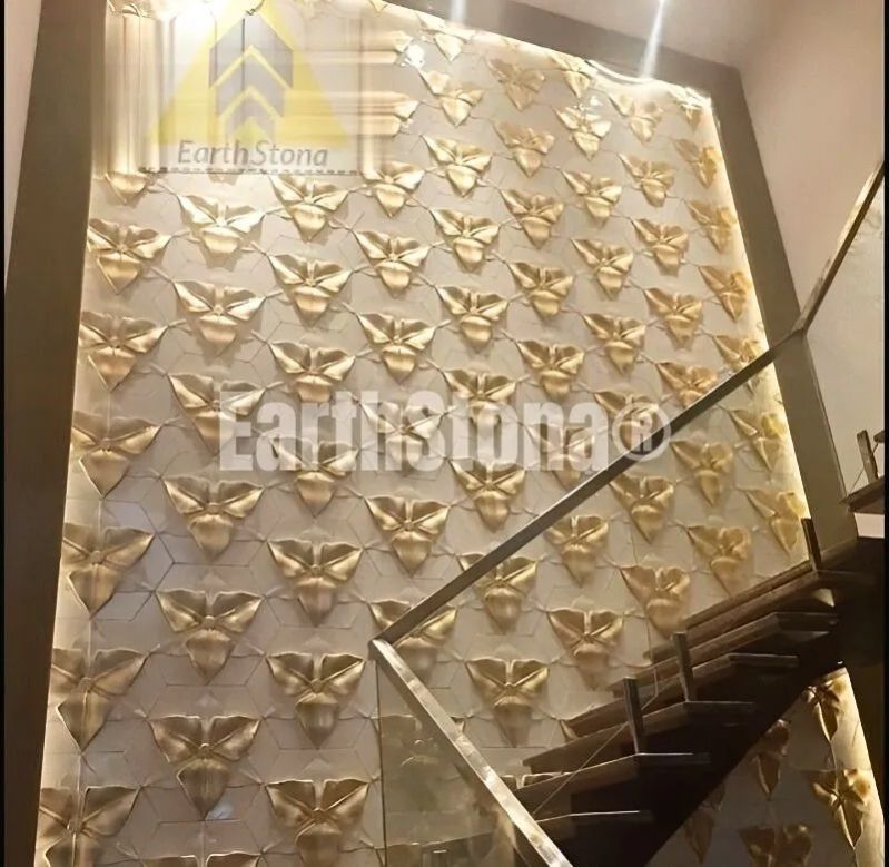 Golden Leaf Pattern Stone Carving Wall Art