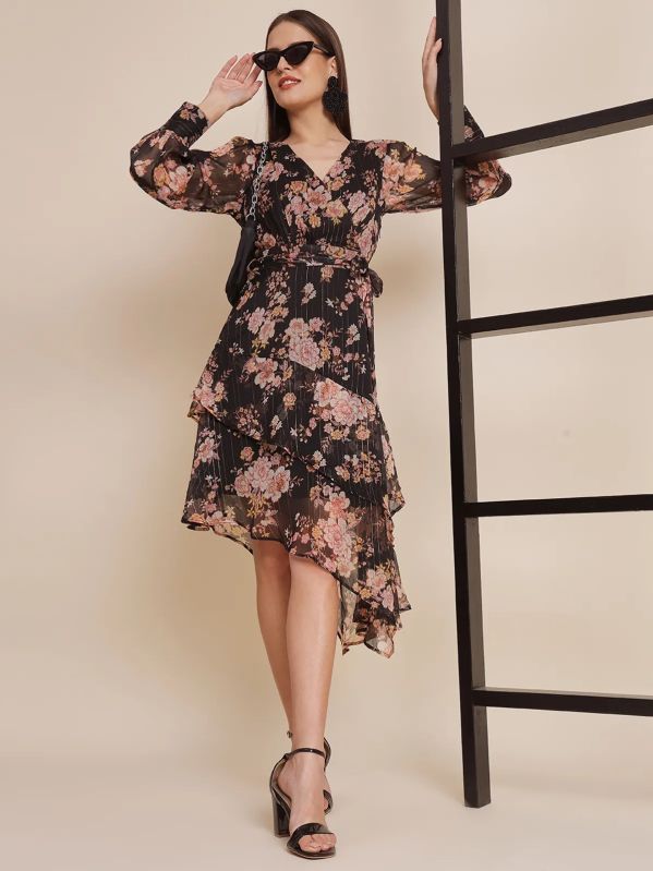 Black Polyester Floral Printed Puff Sleeves Dress For Women