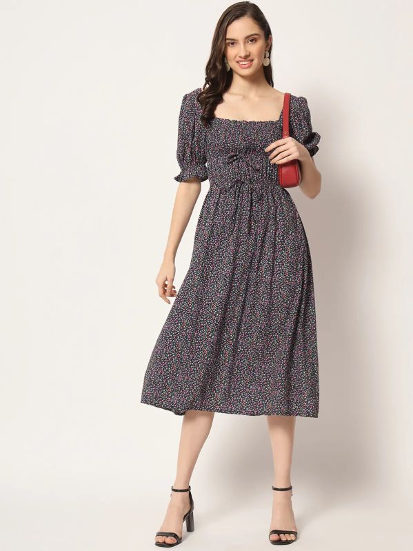 Black Polyester Floral Printed Puff Sleeves Dress For Women & Girls