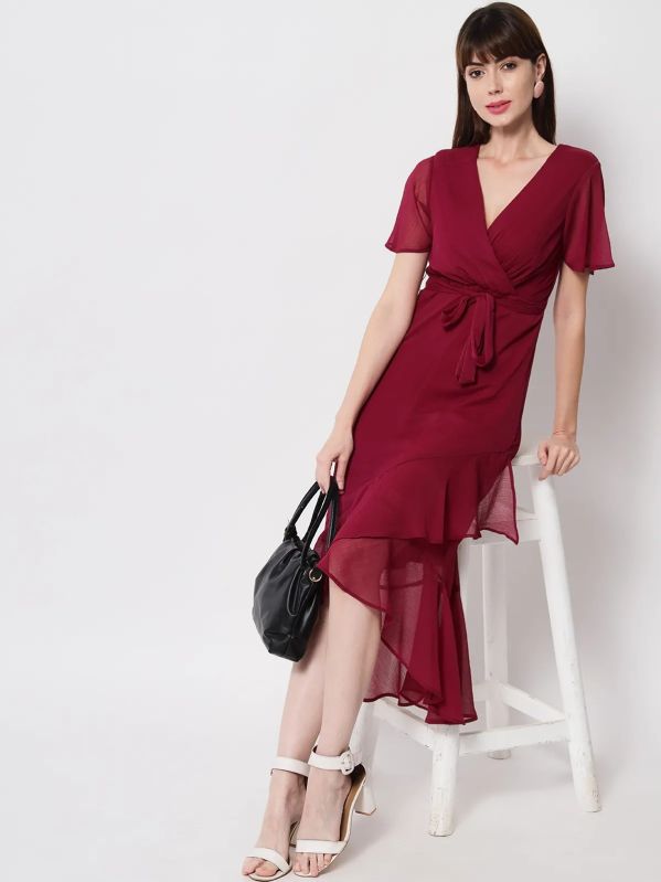 Purple Polyester Flared Dress For Women