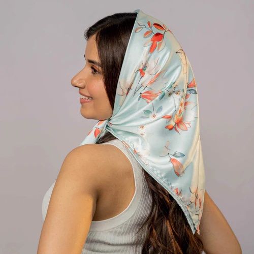 Blue Floral Satin Bandana Scarf For Women