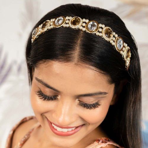 Champagne Gold Plated Hair Band For Women With Pearls And Crystals