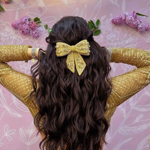 Golden Embellished Crystal Women Hair Bow Barrette Clip