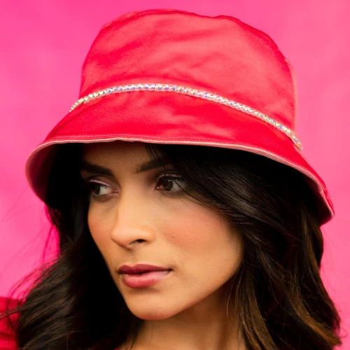 Hot Pink Silk Satin Women Bucket Hat With Rhinestones