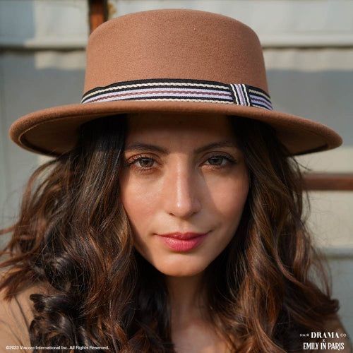 Tan Woolen Flat Top Fedora Women Hat With Removable Ribbon Belt