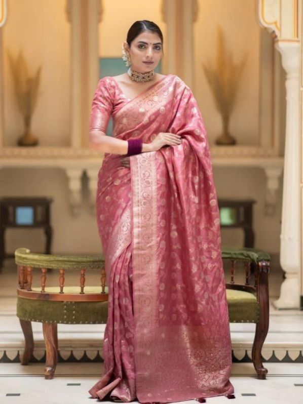 Ladies Pink Embroidered Soft Silk Banarasi Saree