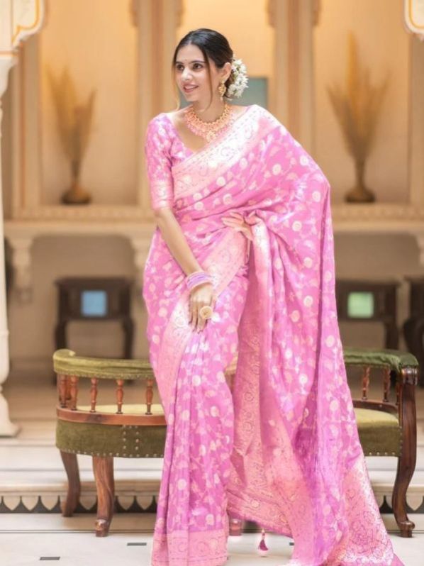 Ladies Pink Embroidered Soft Silk Banarasi Saree