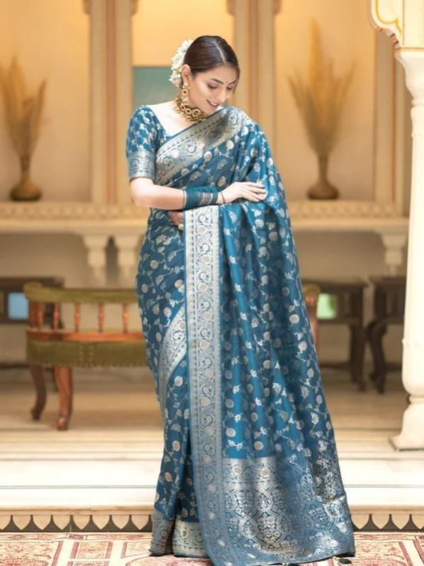 Ladies Blue Embroidered Silk Banarasi Saree