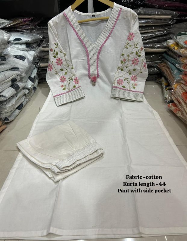 Ladies White Cotton Kurta Pant Set