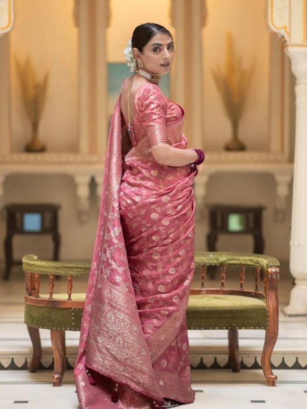 Ladies Pink Embroidered Soft Silk Banarasi Saree